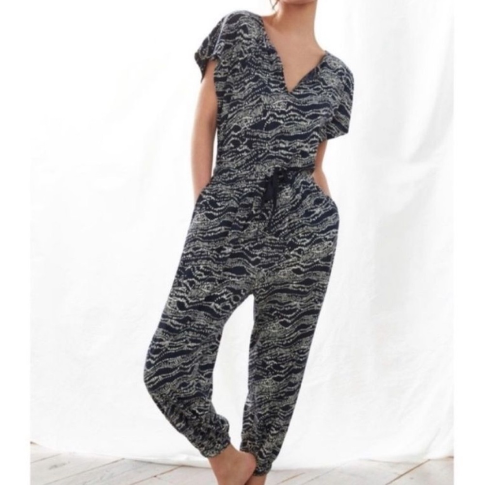 Anthropologie Daily Practice Printed Jumpsuit Side Stripes Short Sleeve Blue